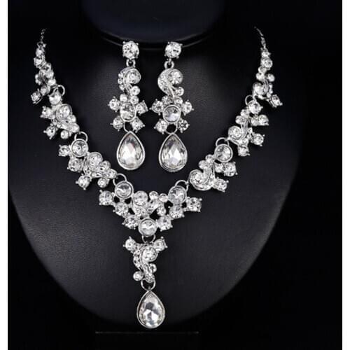 Women Prom Wedding Bridal Faux Crystal Rhinestone Necklace Earrings Jewelry Set Necklace For Women Pendant Jewelry Gift