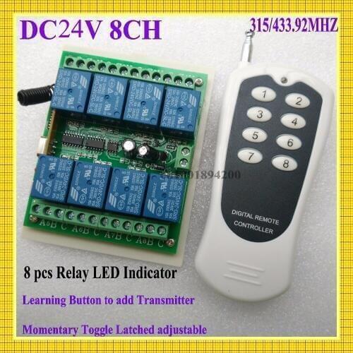 DC 24V 8 CH Relay Remote Switch 315/433Radio RF Wireless Switch Transmitter Receiver Relay LED indicator Learning ASK Smart Home