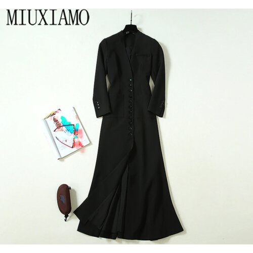 MIUXIMAO Luxurious 2020 Fall Dress Black Solid Slim Office Lady Casual Long Dress Women Vestidos