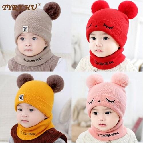 2 Pieces Beanies Baby Hat Pompon Knitted Warm Bonnet Kids Caps Scarf Set Solid Color for Boy and Girl Soft Winter Kids Hat