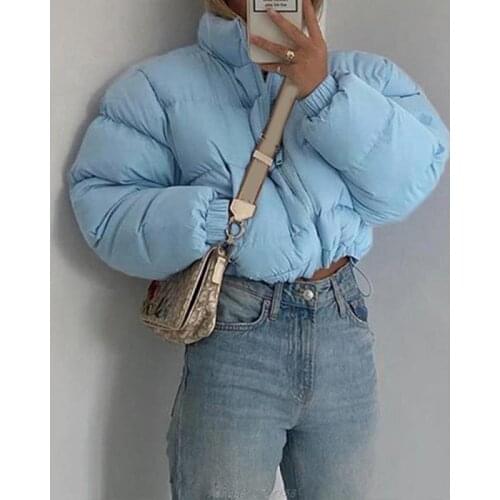 Women Winter Short Puffer Jacket Long Sleeve Stand Collar Zip Up Cropped Bubble Coat Solid Color Quilted AG09 21 Dropship