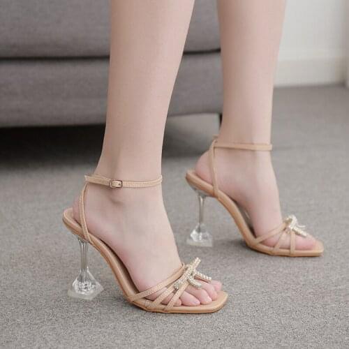 2021 New Elegant rhinestone bowtie crystal high heels women sandals open toe ankle strap gladiator summer shoes woman party