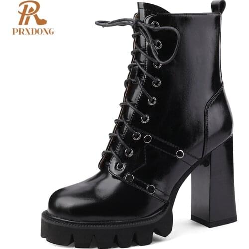 Genuine Leather Ladies Boots High Heels Thick Platform Women Ankle Boots Rivets Lace Up Zipper Punk Gothic Female Shoes Big Size