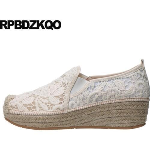 Female beige high heels runway platform wedge shoes pumps big size plus lace european women round toe creepers 33 ladies mesh