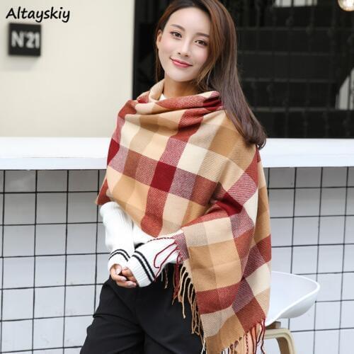 Scarves Women Plaid Scarf Female Winter Korean Style Knitted Students Thicken Wraps Warm Trendy Students All-match Womens Lovely
