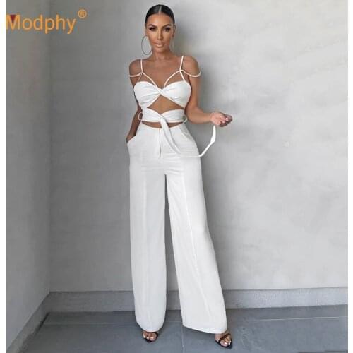 2021 Summer Fashion White Wide Leg Jumpsuit Sexy Hollow Lace-up Slim Jumpsuits Elegant Evening Party Runway Female Clothing