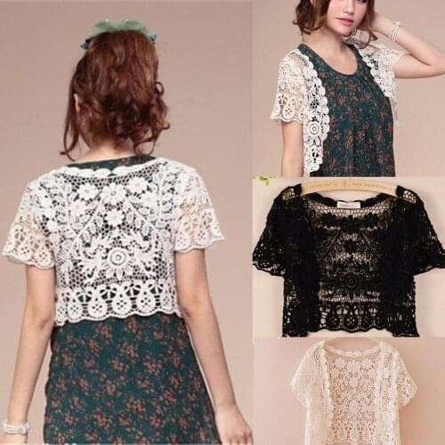 Hot Lace White/Black Bridal Summer Women Short Sleeve Shrug Bolero Wedding Jacket Elegant Cape