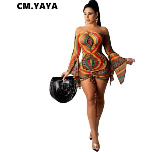 CM.YAYA Women Mini Dress Print Shirring Off Shoulder Skinny Dresses Sexy Night Party Vestidos Fashion High Streetwear Autumn