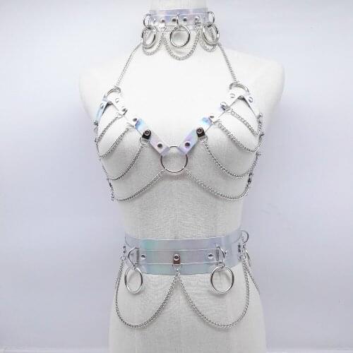 Women Punk Harness Holographic Laser Leather Handmade Body Bondage Sexy silver Chain Bra Chest belt fashion choker Necklace