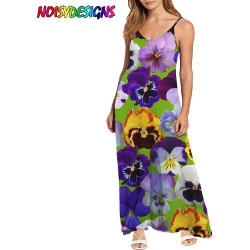 NOISYDESIGNS Women V Neck Sexy Dress Pansy Flowers Print Straight Party Dress Elegant Female Summer Spaghetti Strap Dress Casual