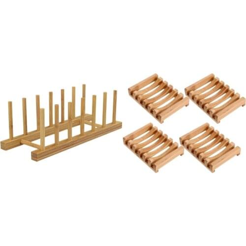 1 Pcs Tray Shelf Bamboo Holder Plate Bracket Drainer & 4 Pcs Wooden Soap Case Holder Wood Soap Dish Holder