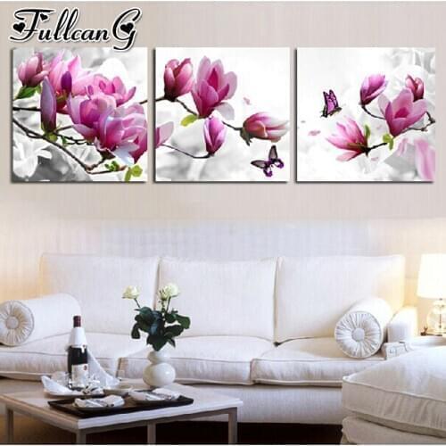 FULLCANG 5d diy diamond embroidery pink orchid flowers triptych painting full square round mosaic pattern kit decor FC3320