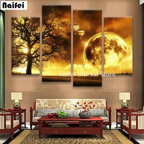 5D DIY Diamond Painting 4 Pcs Sunrise Tree Landscape Diamond Embroidery Cross Stitch Rhinestone Mosaic Christmas Gift Wall Art