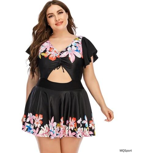 One Piece Plus Size Swimsuit Floral Print Large Size Womens Swimwear Cut Out Laced Push Up Big Size Beach Wear Bathint Suit