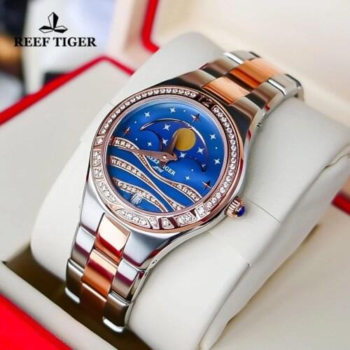 Reef Tiger/RT Luxury Quartz Women Wrist Watch Blue Dial Moon Phase Watch Diamonds Steel Rose Gold Tone Sapphire Crystal Watch