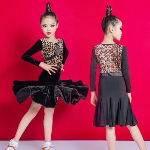 New Kids Girls Fashion Leopard Latin Dance Dresses Gymnastics Dancewear Tango Salsa Costume Big Circle Ballroom Skirt For Girls