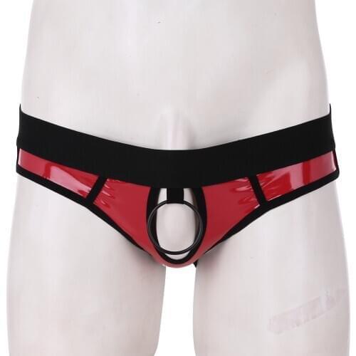 Men Faux Leather Open Butt Homme Thong Underpants Low Waist Gay Underwear Jockstrap Sexy Lingerie Erotic Panties with Penis Hole