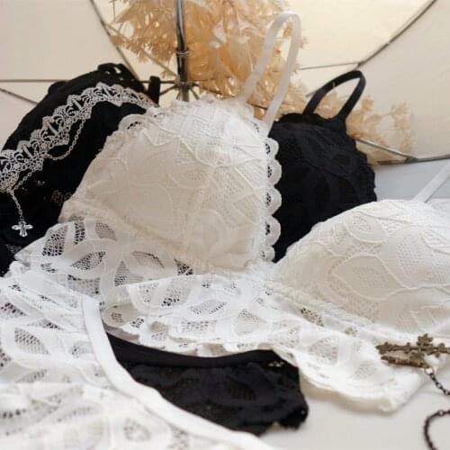 No steel ring thin cotton cup micro gathering lingerie sexy hollow lace bra set thin belt vest beautiful back underwear women