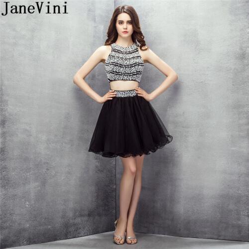 JaneVini 2 Peice Short Homecoming Dresses Pearls Sequined Tulle Open Back Black Prom Party Dress Vestido Graduacion Plus Size