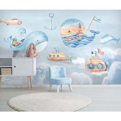 Bacal custom 3D wallpaper mural sky white clouds whale background wall children room background wall decoration wallpaper