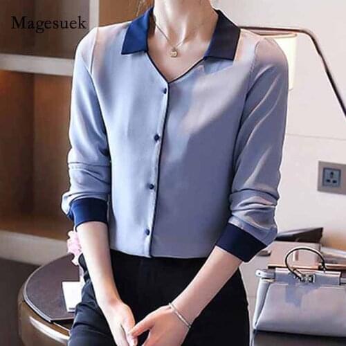 2020 Autumn V-Neck Long Sleeve Slim Cardigan Solid Womens Blouse Vintage Korean Style Loose Chiffon Ladies Shirt Blusas 11051