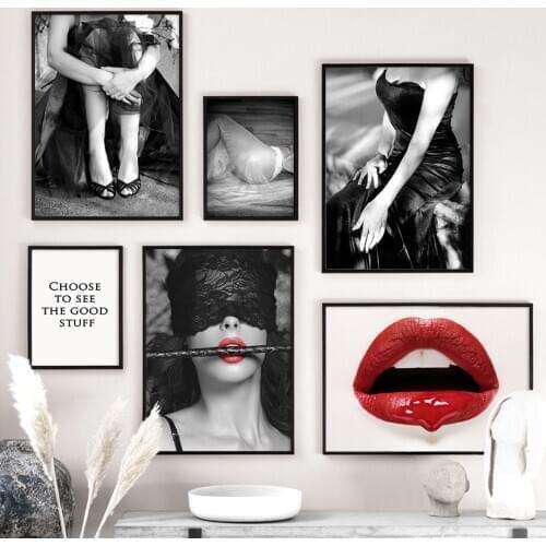 Sexy Red Lip Black White Girl Temptation Wall Art Canvas Painting Nordic Posters And Prints Wall Pictures For Living Room Decor