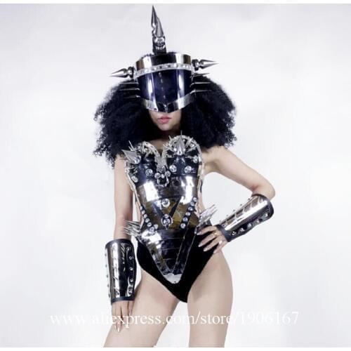 Stage Show Sexy Rivet Mirror Silver Clothes Ballroom Dance Dress Bra Bar Party KTV Helmet Robot Performance Wears Costume DS