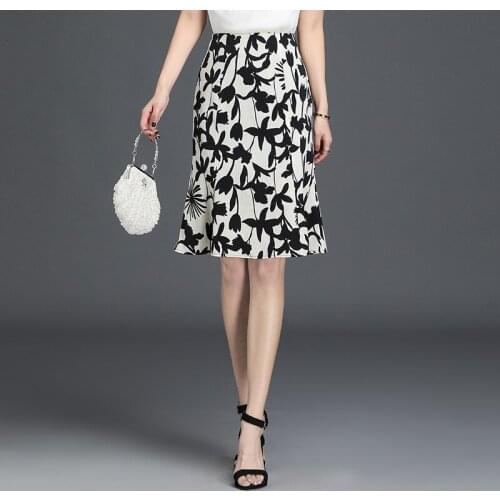 Fashion Print Knee-length A-line Skirt for Women Summer High Waist Plus Size Slim Casual Office Lady Elegant Bodycon Skirts 1782
