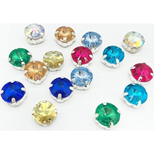 12mm Round Sewing Crystal Glass Glitter With Silver Claw Sew on Stones Rhinestones For Needlework Clothes DIY Fabric