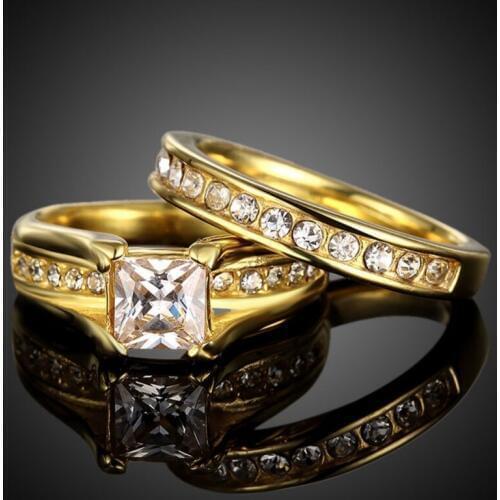 2pcs Classic 316L stainless steel AAA Zircon Engagement Ring set fashion wedding rings for women,engagement ring,gold ring set