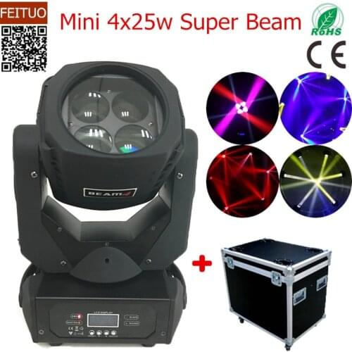 4pcs+flight case Rotation Lens Mini Lyre Beam 4x25w Stage Wash Moving Head Light High Power Beam DJ Disco Lighting