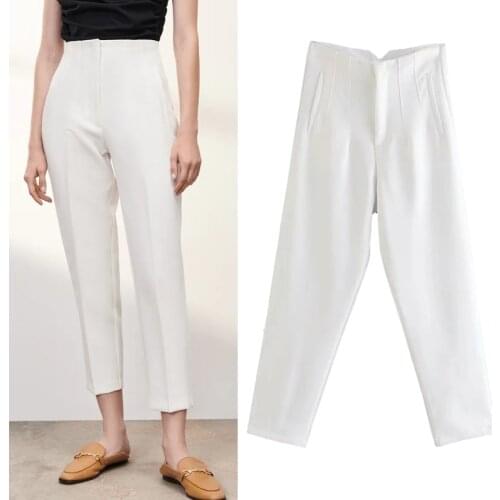 Spring 2021 Za Women Classic Pants High Waist Trousers For Female Elegant Office White Fashion Aesthetic Button Zip Brown Pants