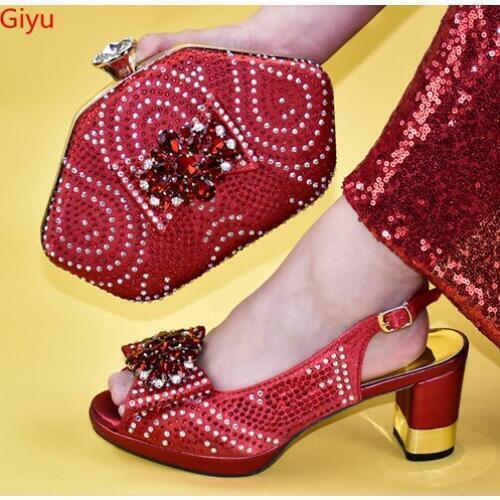 Doershow new arrive red Italian Shoes With Matching Bags African Women Shoes and Bags Set For Prom Party Summer Sandal !HLC1-18