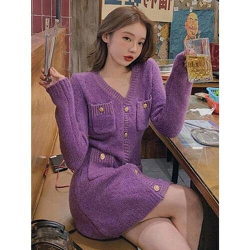 Elegant V Neck Knit Dress Full Sleeve Pockets High Waist Korean Sweater Dresses Women Autumn Purple Knitted Dress Female LD2198