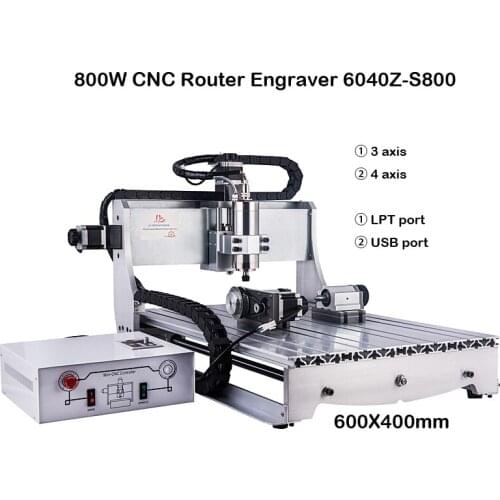 800W CNC Router Engraver 6040Z-S800 Wood Milling Machine with NEW 0.8KW VFD Water Cooling Spindle 3aixs/4aixs for Optioanl