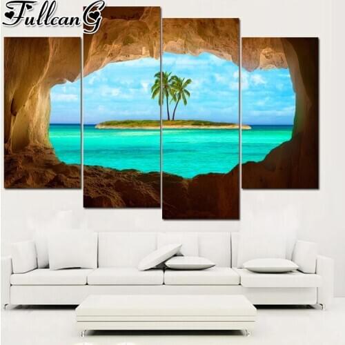 FULLCANG Beautiful island scenery 4 piece diy diamond painting full square round drill 5d mosaic embroidery home decor FC2801