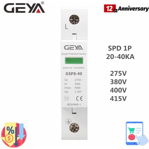 GEYA SPD 1P 20KA~40KA C type ~275V 385VAC 400V 415V House Surge Protector Protective Low-voltage Arrester Device
