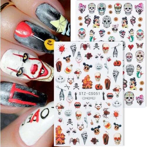 Halloween Nail Art Sticker Skull Bone Clown Pumpkin Sliders Snake Anime Cartoon Spider Decals Manicure Decor SASTZCS050-057
