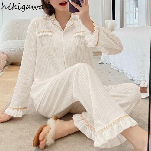 Hikigawa 2021 Pajamas Set for Women Summer New Nightwear Pyjama Pour Femme Sweet Ruffles Pantsuit Home Service Sets Sleepwear