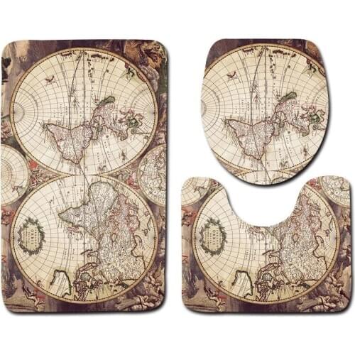 World Map Three-piece Floor Mat Carpet Bathroom 3-piece Set Door Mat, Toilet Cover, U-shaped Carpet Home Decoration