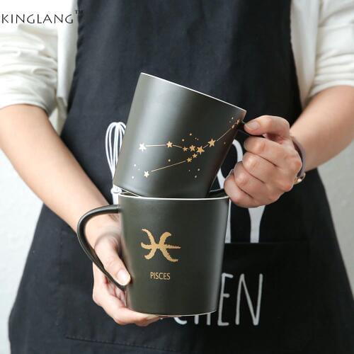 1PC KINGLANG Ceramic 12 Zodiac Mark Black Color Deep Mug Office Water Lover Big Mug Drinkware