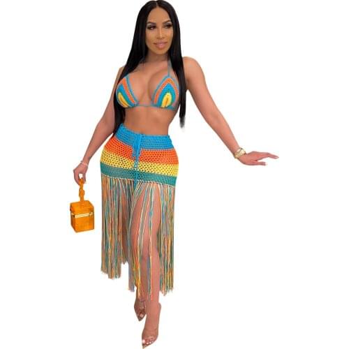Zoctuo Color Swimsuit Women Casual Halter Bra Top Knitted Tassel Skirt Bikini Swimsuit Beach Club Sexy Two Piece Bathing Suit