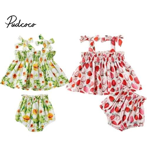 Girl Summer Two Piece Set Sweet Strawberry or Flower Lace-up Suspender Top and Elastic Waist Shorts 6M-3T