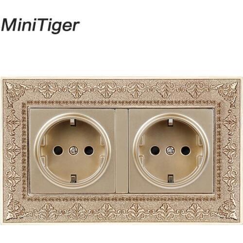 Minitiger 16A Double EU Standard Power Socket 4D Embossing Retro Zinc Alloy Panel 16A Electrical Outlet 146*86 Type