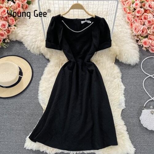 Young Gee Black Hepburn Summer Above Knee Dress Women Slim Floral Jacquard Party Vestidos De Fashion White Pearls Chain Dresses