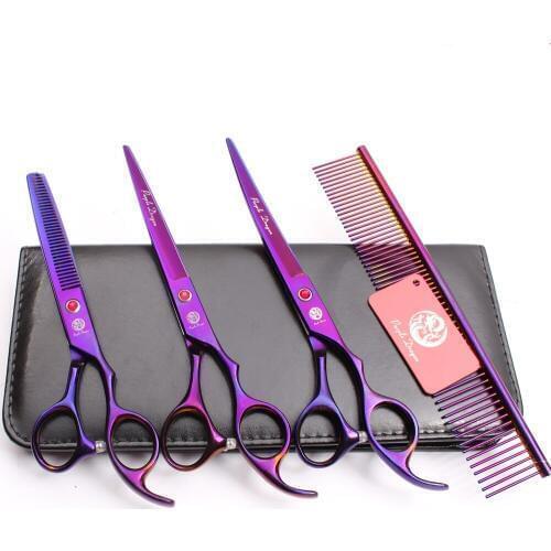 Z3003 4Pcs Set 7'' Violet Steel Comb + Cutting Shears + Thinning Scissors +UP Curved Shears Professional Pets Hair Scissors Suit