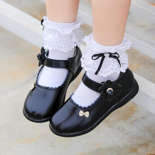 Kids Student Leather Shoes Fashion Princess Ceremonial Flower Girl School Shoes Bowtie Black Non-slip Wear-Resistant Soft Bottom