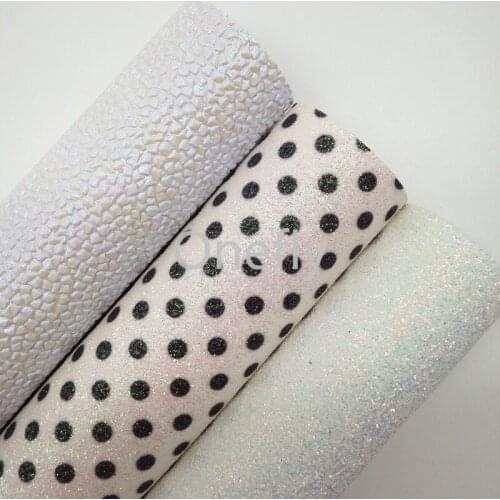 Onefly 21X29CM Polka Dots Printed Glitter Fabric, White Synethetic Leather Fabric Sheets For Bow DIY handbags shoes DQ028
