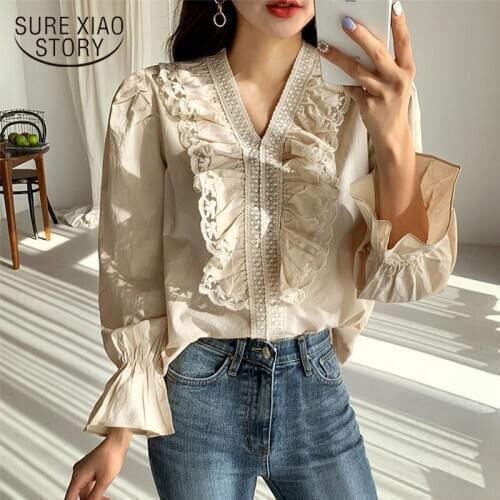 Autumn Vintage White Blouse Women 2021 Pullover Ruffles Lace Elegant Womens Blouse Flare Sleeve Cotton Shirt Women Blusas 11271