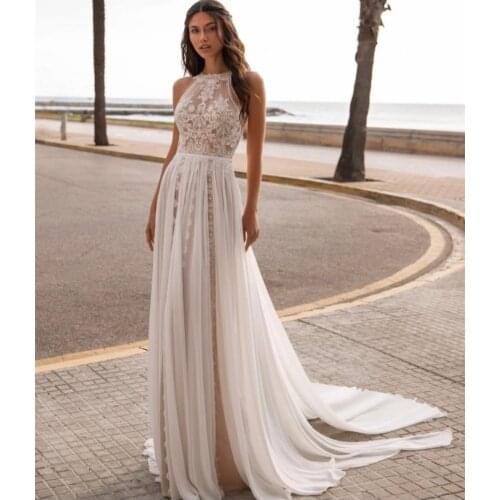 Bohemian Wedding Dress A-Line Halter Sleeveless Lace Appliques Sequined Backless Tulle Floor Length Sweep Train Bride Gown New